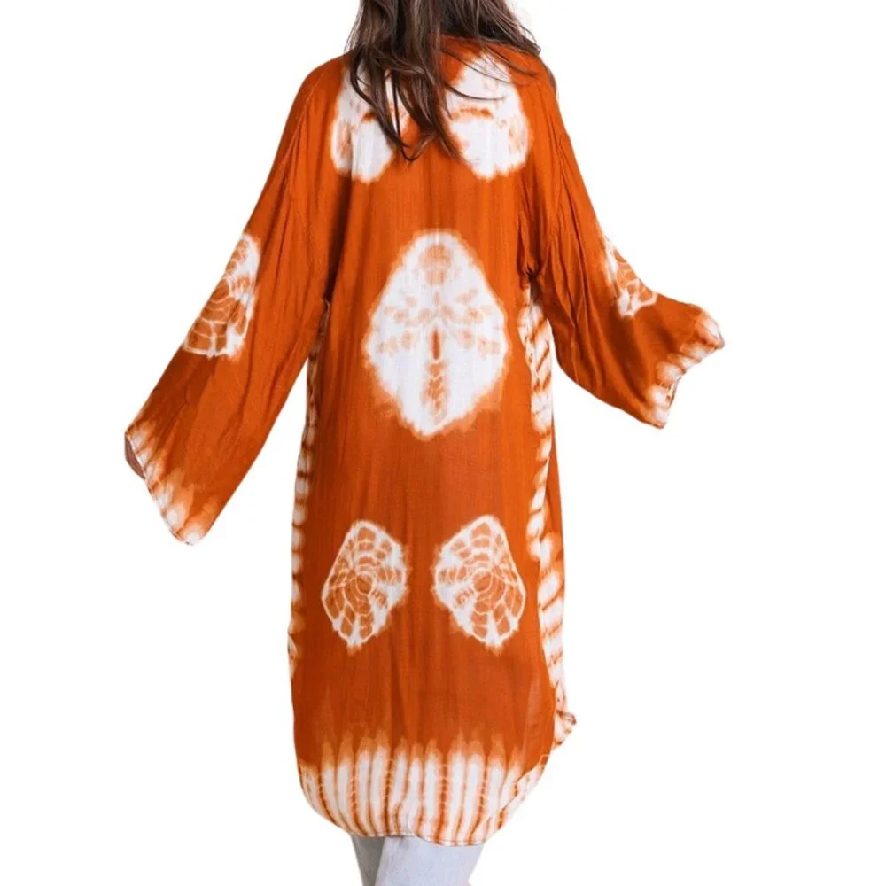 Rust Tie Dye Kimono Long Length Sleeve One Size Boho Duster Cardigan - Picture 2 of 3